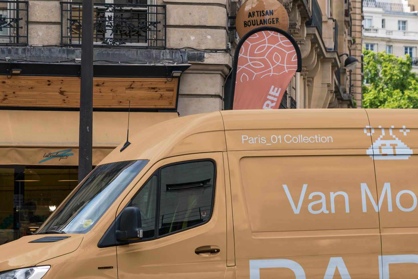 Delivery van mockup template parked on urban street with signage for graphics display, ideal for transport branding design.